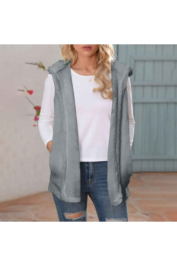 Women Jacket Solid Casual Tops Sleeveless Hooded Fleece Blanket Jacket With Pocket Fall Lightweight Jacket for Women Trendy Casual Puffy Comfortable Vests