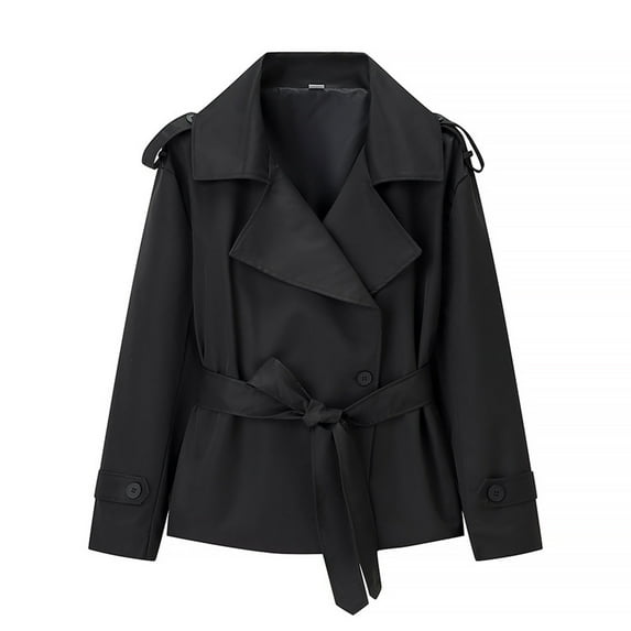 Women Jacket Solid Elegant Cropped Trench Double Lapel with Trench Lightweight Jackets Black