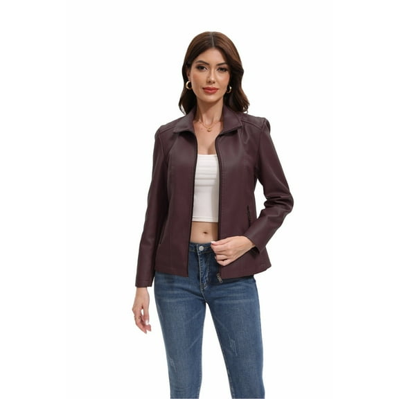 Women Jacket Solid Faux Leather Motorcycle ZiP Up Lapel Bomber With Pocket PU Moto Biker Outerwear Trendy Clothes