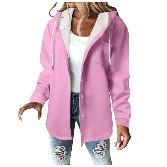 Women Jacket Solid Fleece Lined Button Down Hoodie Oversize Long Sleeve Pocket Drawstring Hooded Outwears Jackets