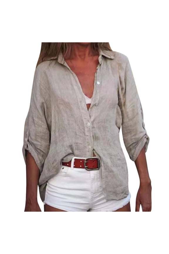 Women Jacket Spring And Summer Simple Solid Color Lapel Three Quarter Sleeve Buttons Cotton And Tops Blouse Cardigan Jacket