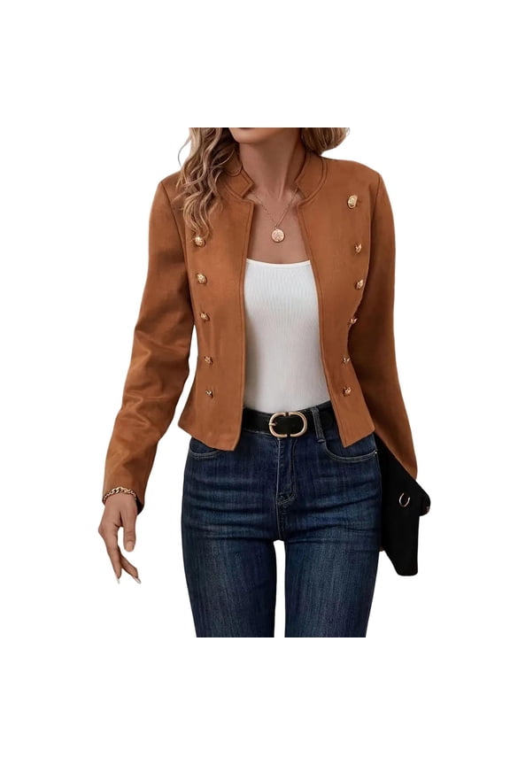 Women Jacket Stand Collar Long Sleeve Double Breasted Short Suit Coat Solid Color Business Outerwear