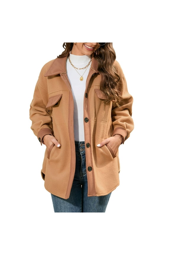 Women Jacket Turn Down Collar Single Breasted Buckle Casual Thicken Coat with Side Pocket Chocolate S
