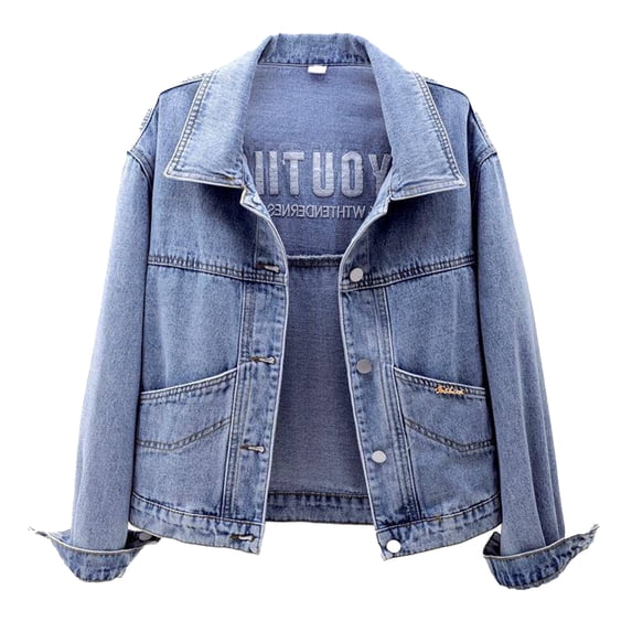 Women Jacket Turn-down Collar Long Sleeve Single-breasted Solid Color Buttons Embroidery Pockets Short Type Denim Hip Hop Streetwear Lady Coat