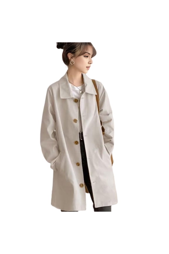 Women Jacket Turn-down Collar Long Sleeves Button-down Windbreaker Loose Pockets Mid Length Outdoor Travel Commuting Overcoat