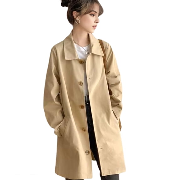 Women Jacket Turn-down Collar Long Sleeves Button-down Windbreaker Loose Pockets Mid Length Outdoor Travel Commuting Overcoat