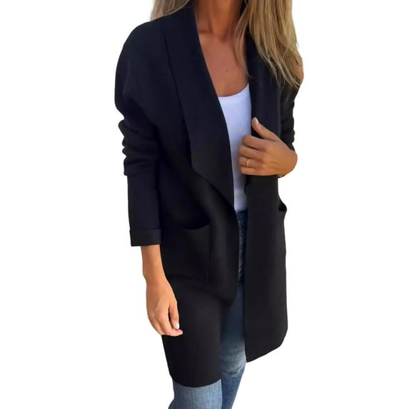 Women Jacket Turn-down Collar Pockets Solid Color Open Stitch Loose Thermal Long Sleeved Commuting Dating Spring Fall Winter Coat