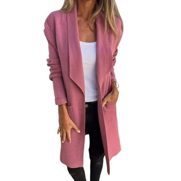 Women Jacket Turn-down Collar Pockets Solid Color Open Stitch Loose Thermal Long Sleeved Commuting Dating Spring Fall Winter Coat