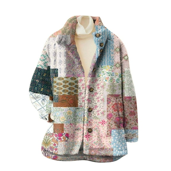 Women Jacket Vintage Floral Print Fleece Lapel Button Down Fuzzy Padded With Pocket Outwears Coats