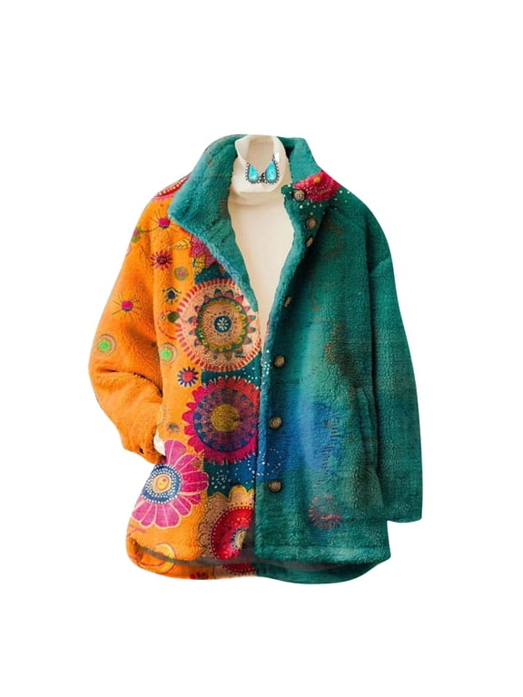 Women Jacket Vintage Floral Print Fleece Patchwork Fuzzy Lapel Button Down With Pocket Warm Padded Outwears Coats