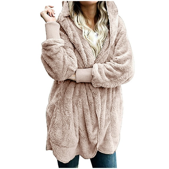 Women Jacket Winter Clearance,Women's Fleece Jacket Fuzzy Hooded Casual Coats Cardigan Sweaters with Pokets