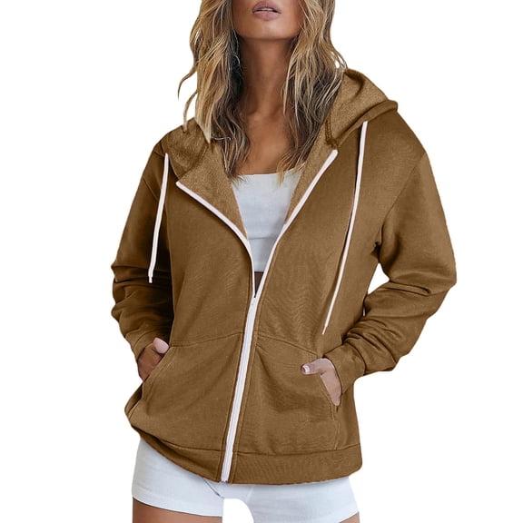 Women Jacket Zip Up Hoodie Solid Long Sleeve Loose Hooded Sweatshirt With Pocket Trendy Clothes