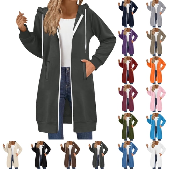 Women Jacket with Pockets Solid Color Long Sleeve Long Windbreaker Women's Casual Loose Double Zipper Sweatshirt Top Casual Outerwear Dark Gray XXL