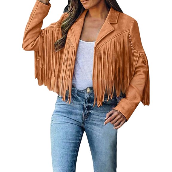 Women Jacket with Tassels Women Jacket Turn-down Collar Long Fringe Solid Color Long Sleeves Cardigan Loose Short Type Hop Streetwear Club Jacket