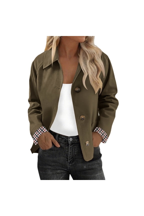 Women Jackets Casual Long Sleeved Lapel Plaid Jacket Fashionable Button Up Windbreaker Jacket Coats