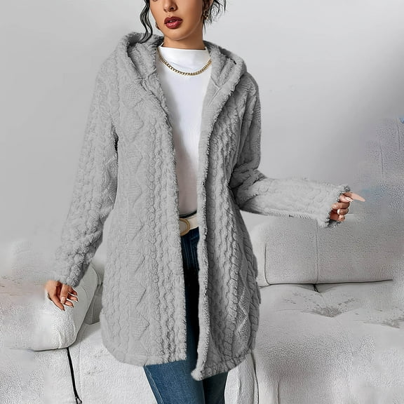 Women Jackets Casual New Fleece Cardigans for Women Soft Fuzzy Jacket Casual Open Front Sweater Winter Warm Coats with Hood Gray L