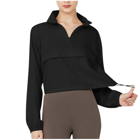 Women Jackets Casual New Women Half Zip Cropped Workout Jackets Lightweight Windbreaker Sun Protection Athletic Running Coat Black M