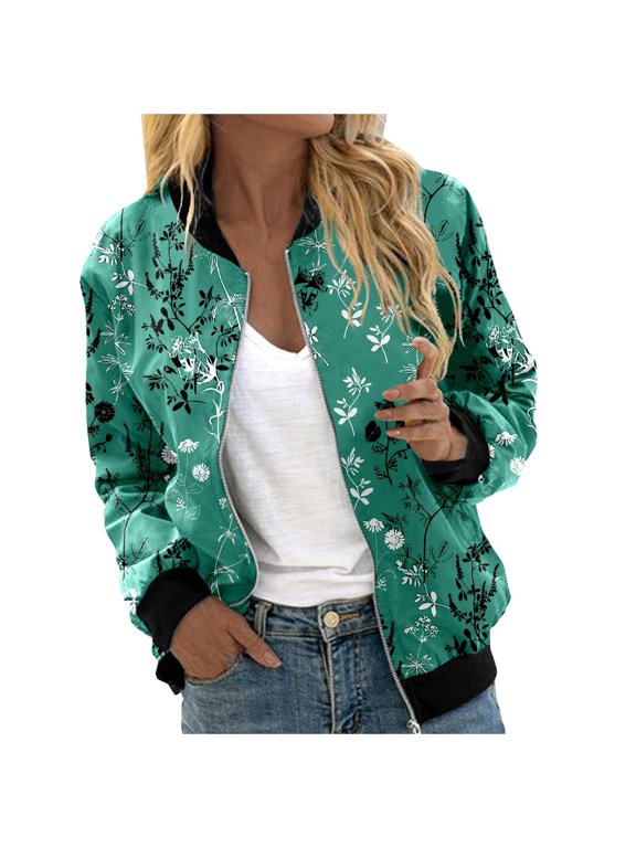 Women Jackets Fall Floral Print Bomber Vintage Long Sleeve Zipper Baseball Windbreaker Outwear Jacket