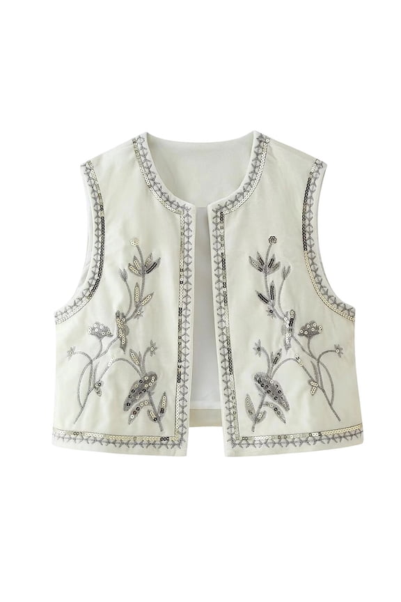 Women Jackets Fall Vintage Embroidered Sleeveless Cardigan Boho Floral Crochet Open Front Vest Top Coats