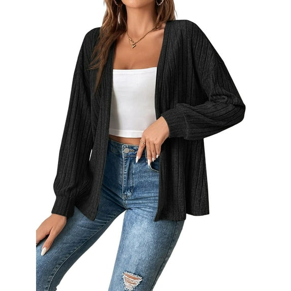Women Jackets Solid Color Long Sleeve Open Front Regular Jacket Black S