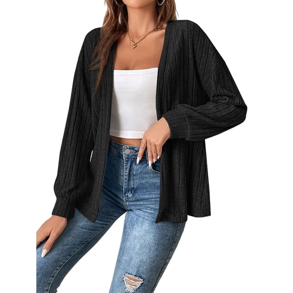 Women Jackets Solid Color Long Sleeve Open Front Regular Jacket Black XL