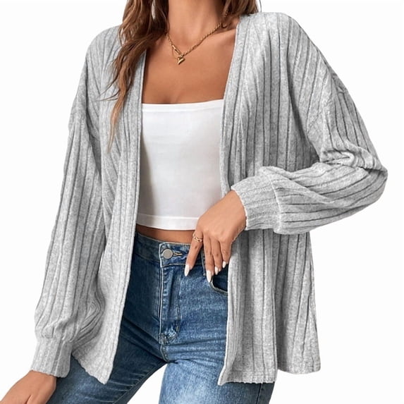 Women Jackets Solid Color Long Sleeve Open Front Regular Jacket Gray M