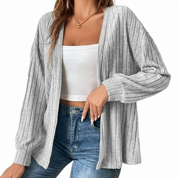 Women Jackets Solid Color Long Sleeve Open Front Regular Jacket Gray S