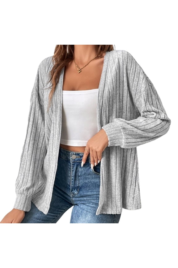 Women Jackets Solid Color Long Sleeve Open Front Regular Jacket Gray S