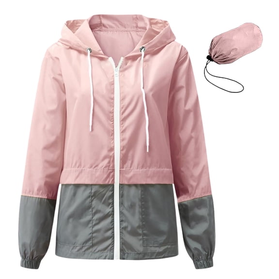 Women Jackets Spring Fall Windbreaker Color Block Zip Up Softshell Jacket Hooded Long Sleeve Outerwear Loose Pink M