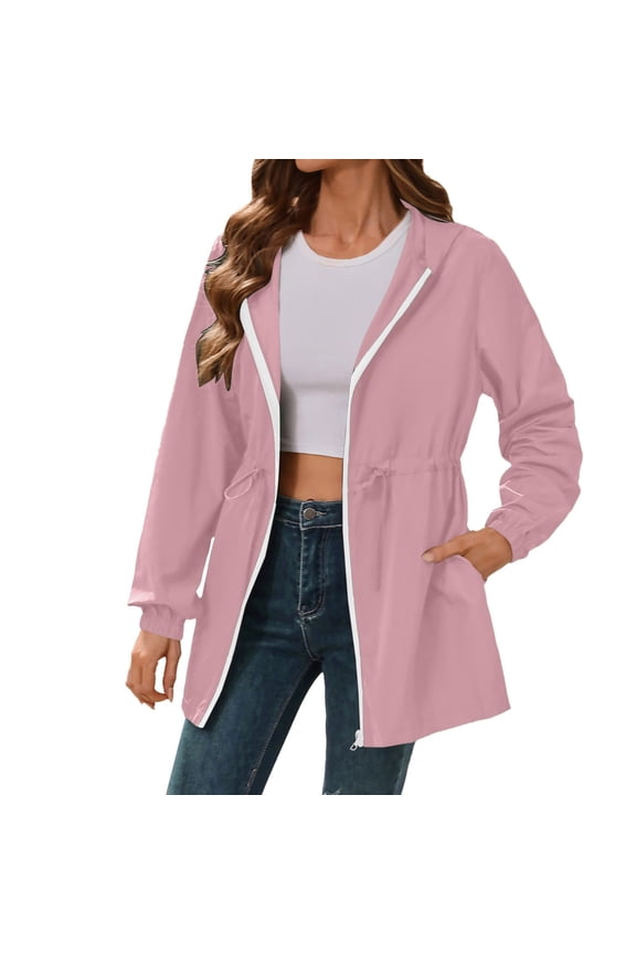 Women Jackets Spring Fall Windbreaker Hooded Outdoor Softshell Jacket Zip Up Lightweight Raincoat Sports Pink M