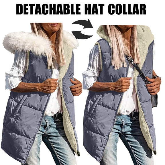 Women Jackets Warm Winter Coats for Women Sweatshirt for Women Women's Winter Long Coat Sleeveless Jacket Hooded Jacket With Pockets Detachable Hat Collar Gray L