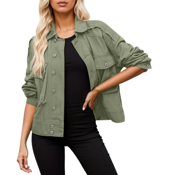 Women Jackets Women's Outerwear Women's Short Button Workwear Denim Jacket Long Sleeved Hooded Denim Jacket