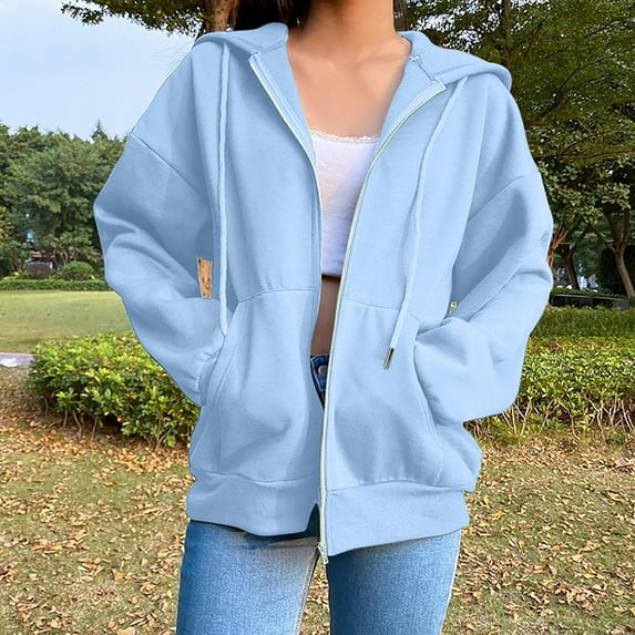 Women Jackets Y2K CALAFEBILA Fall Long Sleeve Solid Color With Pocket Zipper Drawstring Outwear Casual Y2K Jacket Sweatshirt,Light Blue