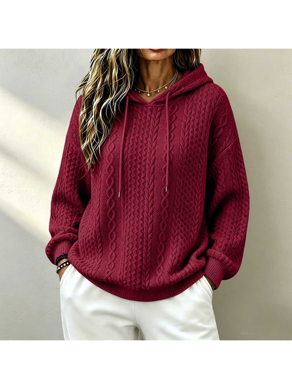 Women Jacquard Cable Knit Hoodie,Loose Fit Drawstring Pullover Sweater,Plus Size Fall Winter Casual Top,Oversized Crew Neck Pullover for Women,Comfy Everyday Lounge Wear Wine XXXL
