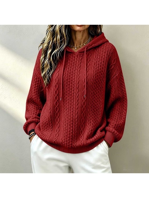 Women Jacquard Cable Knit Hoodie,Loose Fit Drawstring Pullover Sweater,Plus Size Fall Winter Casual Top,Oversized Crew Neck Pullover for Women,Comfy Everyday Lounge Wear Red XXL