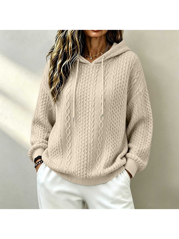 Women Jacquard Cable Knit Hoodie,Loose Fit Drawstring Pullover Sweater,Plus Size Fall Winter Casual Top,Oversized Crew Neck Pullover for Women,Comfy Everyday Lounge Wear Beige L