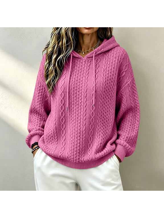 Women Jacquard Cable Knit Hoodie,Loose Fit Drawstring Pullover Sweater,Plus Size Fall Winter Casual Top,Oversized Crew Neck Pullover for Women,Comfy Everyday Lounge Wear Hot Pink S