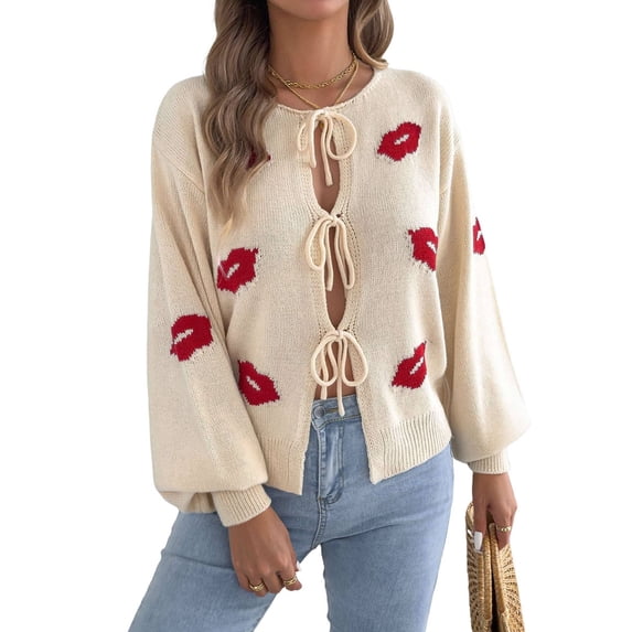 Women Jacquard Pattern Crew Neck Front Self Tie Cutout Lantern Long Sleeve Loose Knit Sweater Color L