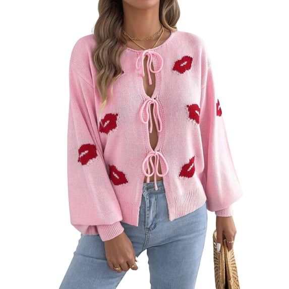 Women Jacquard Pattern Crew Neck Front Self Tie Cutout Lantern Long Sleeve Loose Knit Sweater Pink XL