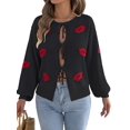 thumbnail image 1 of Women Jacquard Pattern Crew Neck Front Self Tie Cutout Lantern Long Sleeve Loose Knit Sweater, 1 of 9