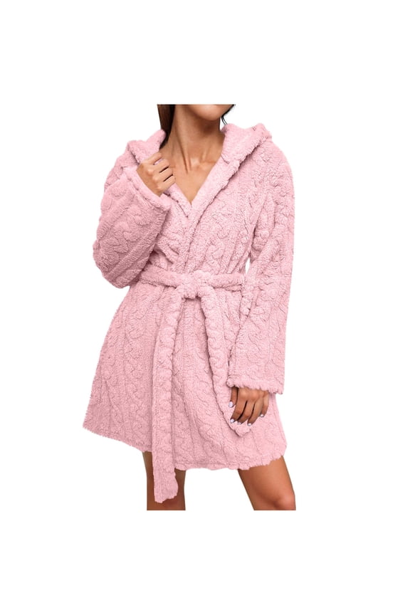 Women Jacquard Sherpa Fleece Robes with Hood Winter Soft Warm Long Sleeve Belted Bathrobe Fuzzy Plush Sleepwear Short Robe