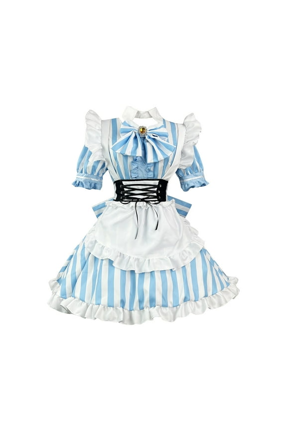 Women Japanese Cute Striped Maid Coffee Bubble Dress Halloween Cosplay Costume Lolita Skirt Apron Short Sleeve Dress Special Occasion Dress