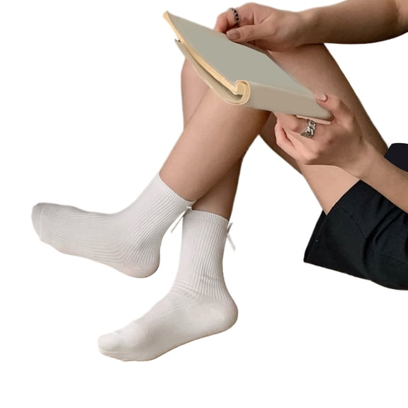 Women Japanese Elegant Cute Bowknot Back Socks Solid Color Ribbed Vertical Striped Middle Tube Cotton Socks