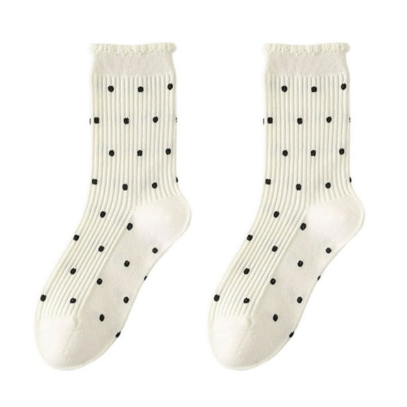 Women Japanese Elegant Frilly Ruffle Trim Solid Color Ankle Socks Dots Pattern Middle Tube Ribbed Cotton Calf Socks