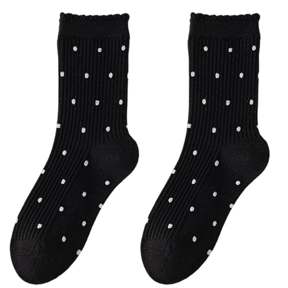 Women Japanese Elegant Frilly Ruffle Trim Solid Color Ankle Socks Dots Pattern Middle Tube Ribbed Cotton Calf Socks