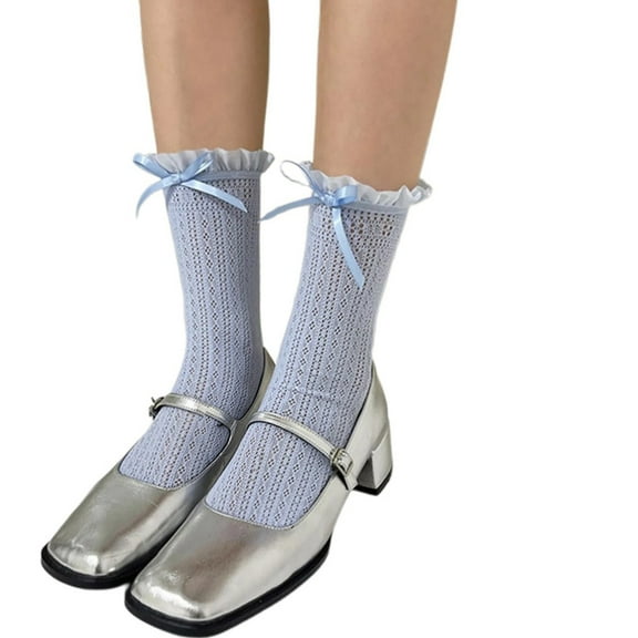 Women Japanese Hollowed Out Geometric Lace Socks with Ribbon Bowknot Solid Ruffle Trim Frilly Middle Tube Calf Socks