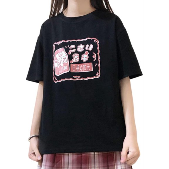 Women Japanese Style Kawaii Harajuku Fashion Pastel Gothic Clothes Crewneck Soft Cartoon Daily Milk Print T-Shirt tee top