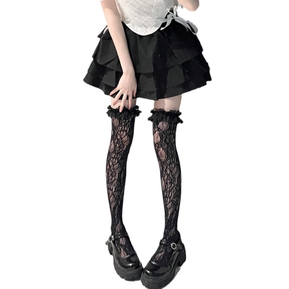 Women Japanese Thigh Highs Stockings Sweet Hollowed Out Flower Lace Frilly Over Knee Long Socks with Ruffle Trim