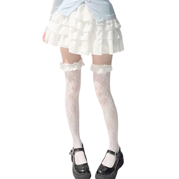 Women Japanese Thigh Highs Stockings Sweet Hollowed Out Flower Lace Frilly Over Knee Long Socks with Ruffle Trim