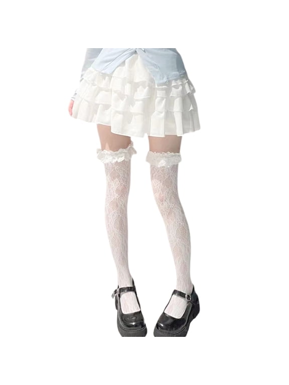 Women Japanese Thigh Highs Stockings Sweet Hollowed Out Flower Lace Frilly Over Knee Long Socks with Ruffle Trim